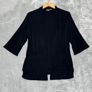 Chicos Travelers Cardigan Womens Medium Black 3/4 Sleeve Open Front Knit Stretch